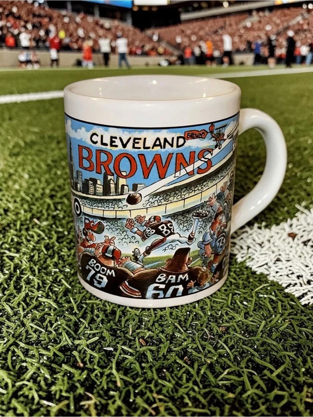 Vintage 1989 Cleveland Browns Coffee Mug Cartoon Stadium Art by Bruce Day